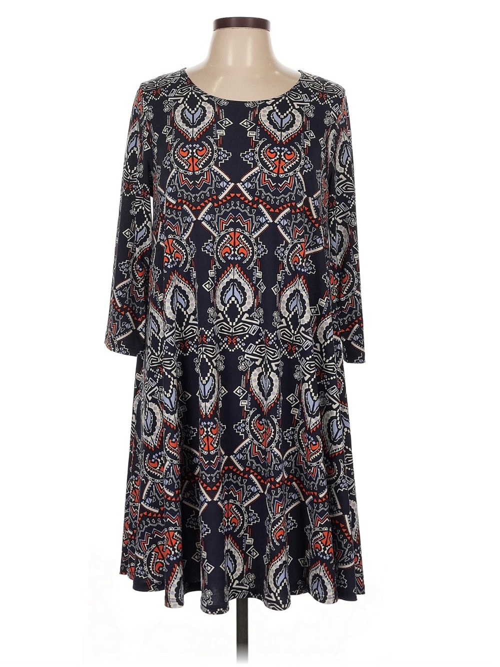 Karen Kane Navy Printed Long Sleeve Tiered Dress with Orange Accents